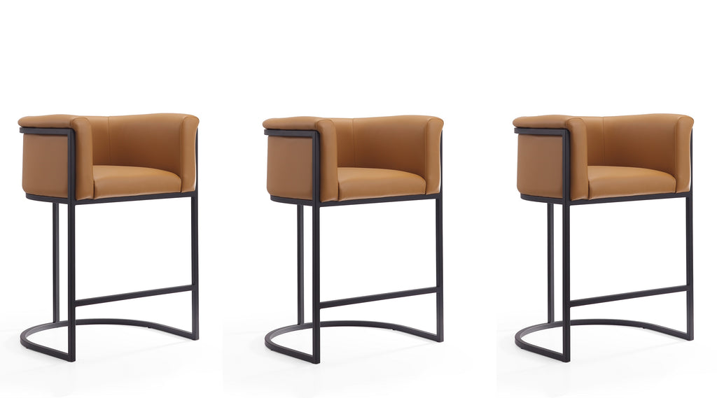 Manhattan Comfort Cosmopolitan Mid-Century Modern Metal Upholstered Counter Stool in Camel - Set of 3