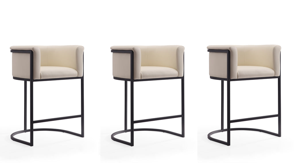 Manhattan Comfort Cosmopolitan Mid-Century Modern Metal Upholstered Counter Stool in Cream - Set of 3