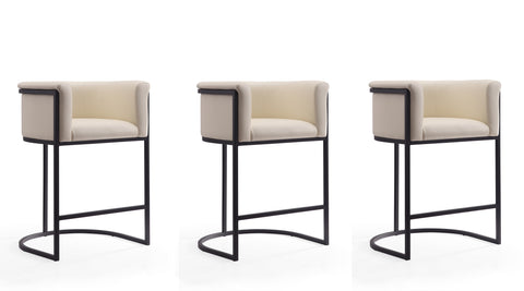 Manhattan Comfort Cosmopolitan Mid-Century Modern Metal Upholstered Counter Stool in Cream - Set of 3
