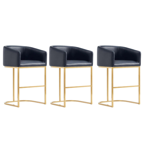 Manhattan Comfort Louvre Mid-Century Modern Metal Upholstered Counter Stool in Black - Set of 3