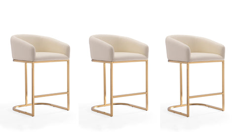 Manhattan Comfort Louvre Mid-Century Modern Metal Upholstered Counter Stool in Cream - Set of 3