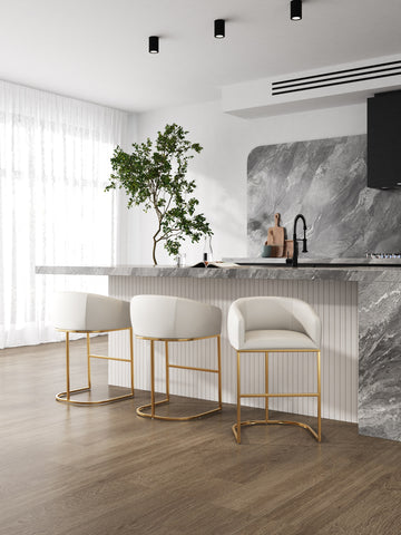 Manhattan Comfort Louvre Mid-Century Modern Metal Upholstered Counter Stool in Cream - Set of 3