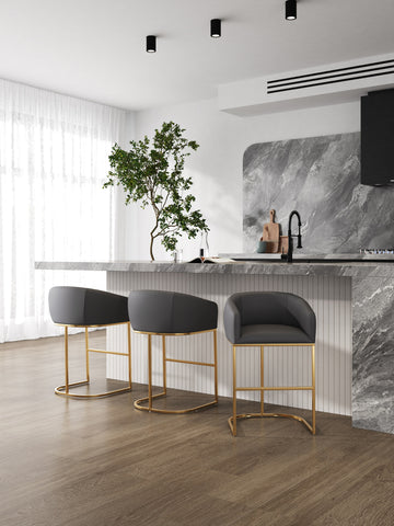 Manhattan Comfort Louvre Mid-Century Modern Metal Upholstered Counter Stool in Gray - Set of 3