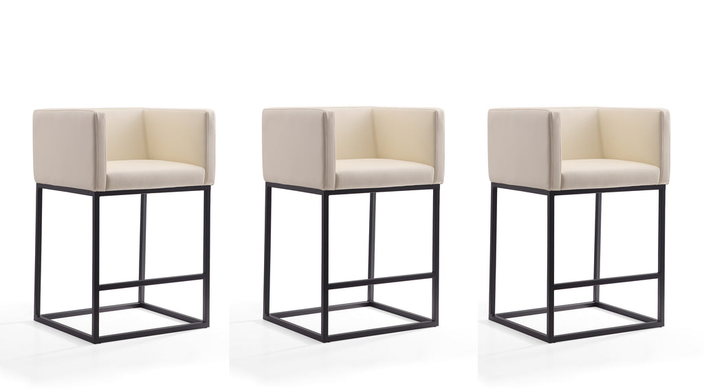 Manhattan Comfort Embassy Mid-Century Modern Metal Upholstered Counter Stool in Cream - Set of 3