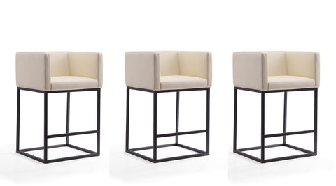 Manhattan Comfort Embassy Mid-Century Modern Metal Upholstered Counter Stool in Cream - Set of 3