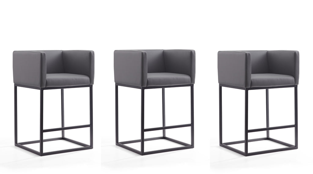 Manhattan Comfort Embassy Mid-Century Modern Metal Upholstered Counter Stool in Gray - Set of 3