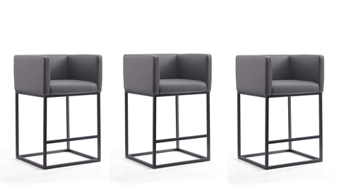 Manhattan Comfort Embassy Mid-Century Modern Metal Upholstered Counter Stool in Gray - Set of 3