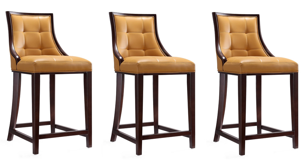 Manhattan Comfort Fifth Avenue Traditional Wood Upholstered Counter Stool in Camel - Set of 3