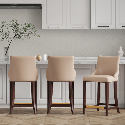 Manhattan Comfort Shubert Modern Wood Upholstered Counter Stool in Tan - Set of 3