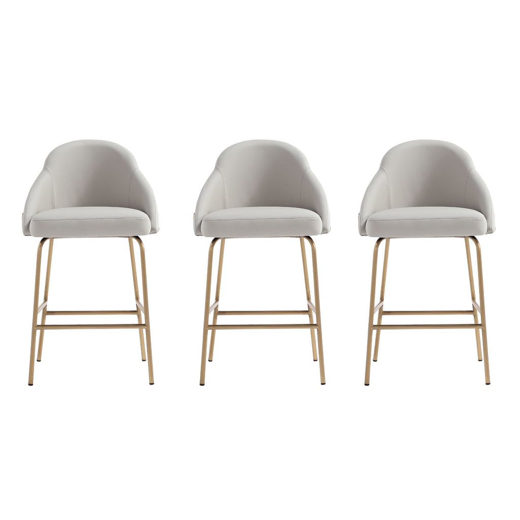Manhattan Comfort Gracie Modern Metal Upholstered Counter Stool in Stone Gray and Gold - Set of 3