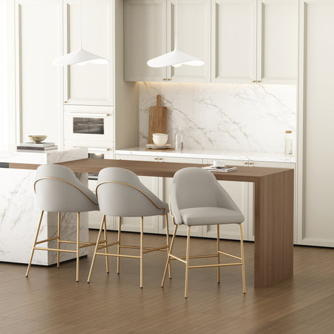 Manhattan Comfort Gracie Modern Metal Upholstered Counter Stool in Stone Gray and Gold - Set of 3