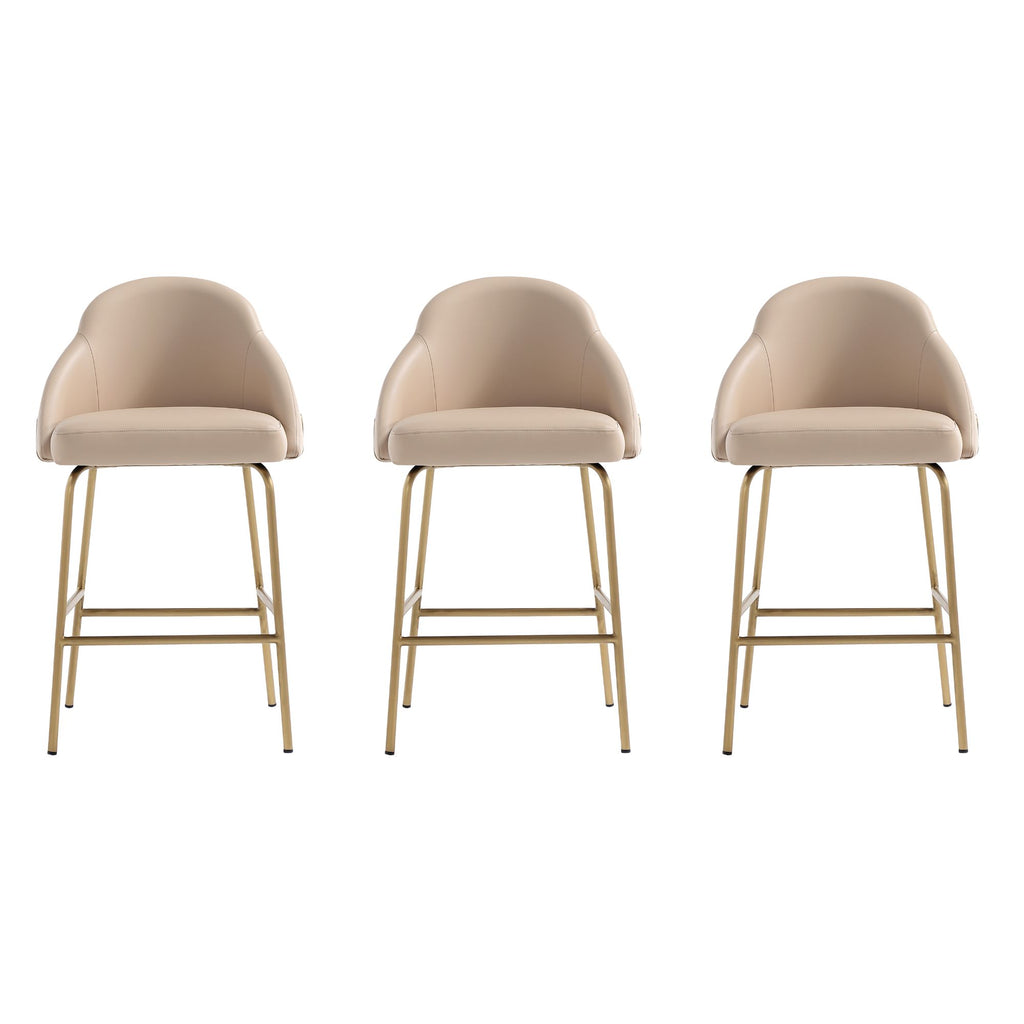 Manhattan Comfort Gracie Modern Metal Upholstered Counter Stool in Tan and Gold - Set of 3
