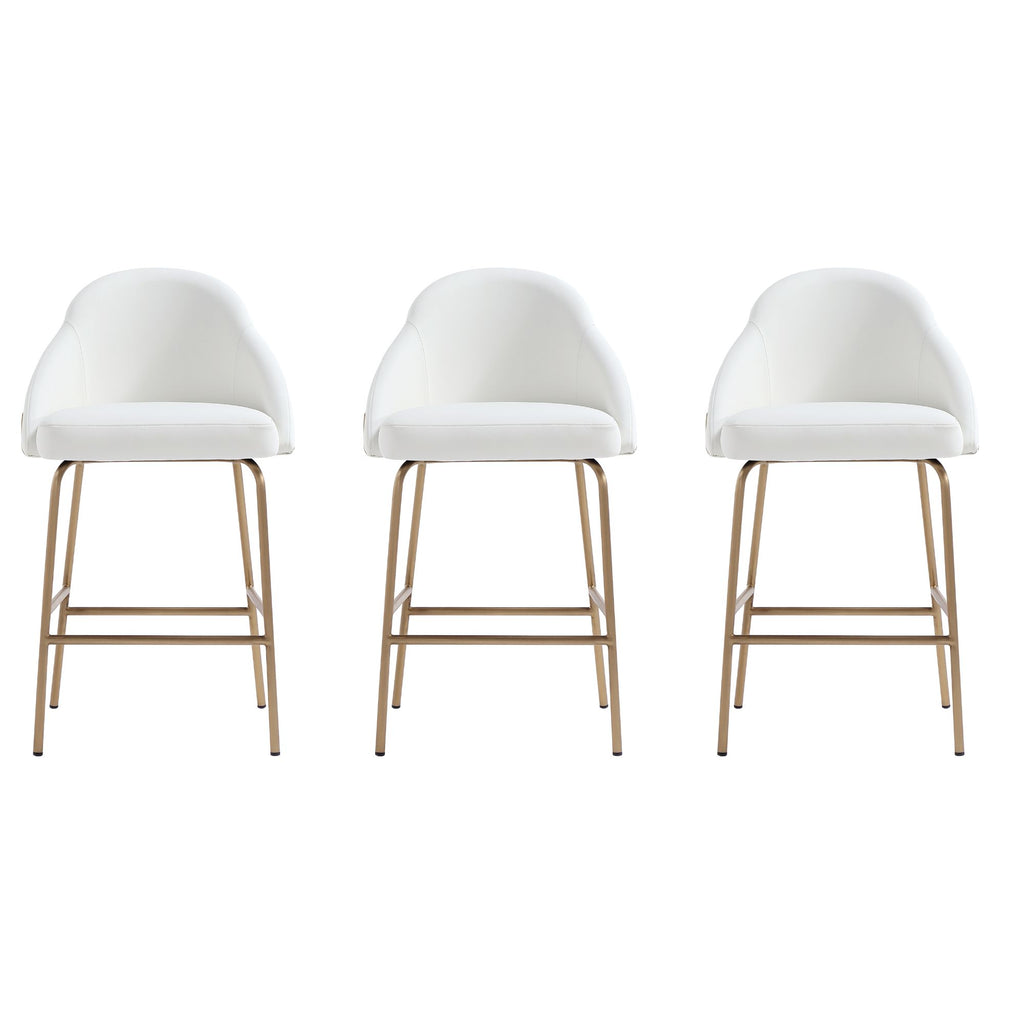Manhattan Comfort Gracie Modern Metal Upholstered Counter Stool in White and Gold - Set of 3