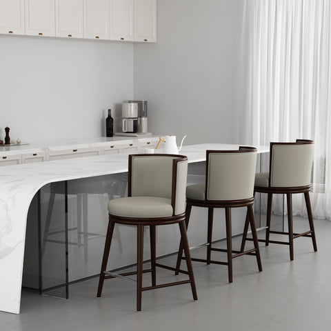 Manhattan Comfort Evalyn Modern Wood Upholstered Counter Stool in Stone - Set of 3