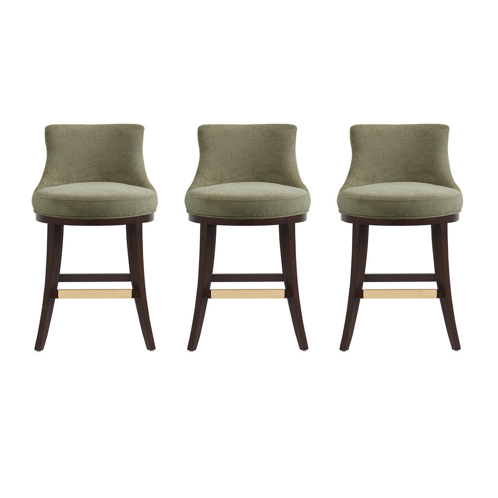 Manhattan Comfort Lucia Modern Chenille Wood Counter Stool in Leaf Green - Set of 3