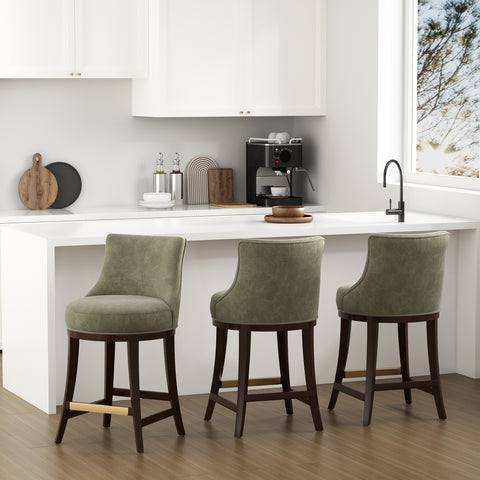 Manhattan Comfort Lucia Modern Chenille Wood Counter Stool in Leaf Green - Set of 3