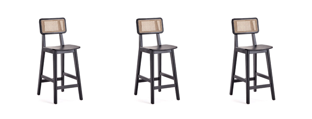 Manhattan Comfort Versailles Industry Chic Cane Back Wood Counter Stool in Black and Natural - Set of 3