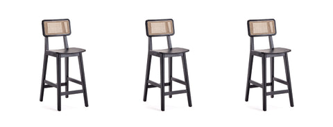 Manhattan Comfort Versailles Industry Chic Cane Back Wood Counter Stool in Black and Natural - Set of 3