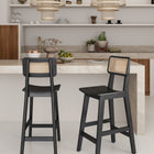 Manhattan Comfort Versailles Industry Chic Cane Back Wood Counter Stool in Black and Natural - Set of 3