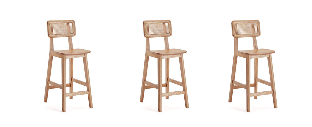 Manhattan Comfort Versailles Industry Chic Cane Back Wood Counter Stool in Natural - Set of 3