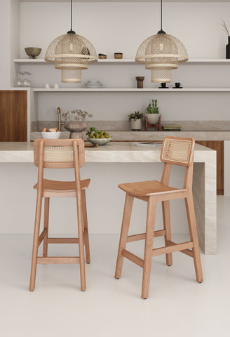 Manhattan Comfort Versailles Industry Chic Cane Back Wood Counter Stool in Natural - Set of 3