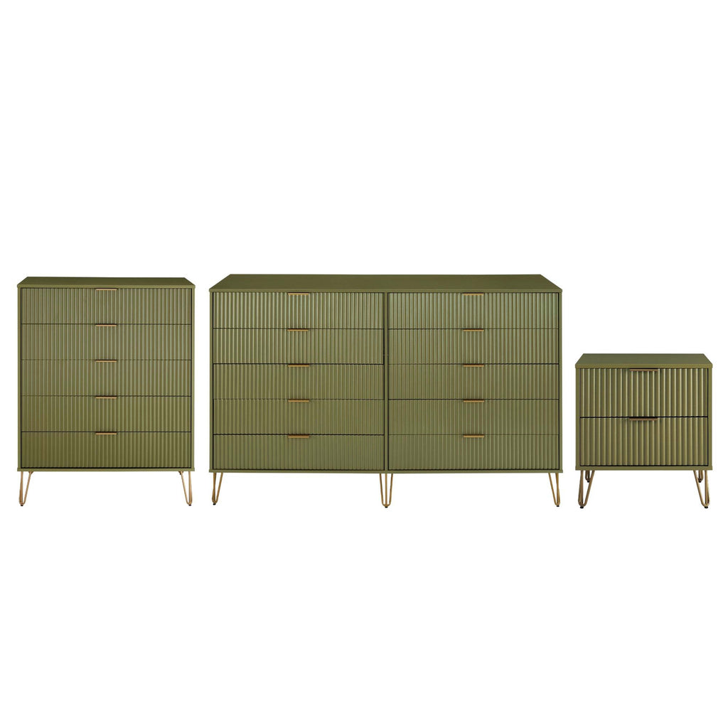 Manhattan Comfort3-Piece DUMBO Modern 5-Drawer Tall Dresser, DUMBO Modern 3-Drawer Standard Dresser, and DUMBO Modern Nightstand 2.0 in Olive Green Manhattan Comfort3-Piece DUMBO Modern 5-Drawer Tall Dresser, DUMBO Modern 3-Drawer Standard Dresser, and DUMBO Modern Nightstand 2.0 in Olive Green