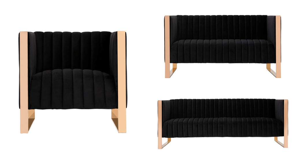Manhattan Comfort Trillium Mid-Century Modern 3-Piece Sofa Set in Black