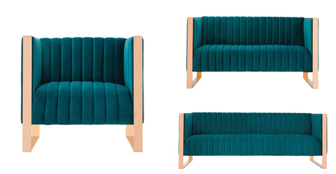 Manhattan Comfort Trillium Mid-Century Modern 3-Piece Sofa Set in Teal