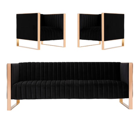 Manhattan Comfort Trillium Mid-Century Modern 3-Piece Sofa Set in Black