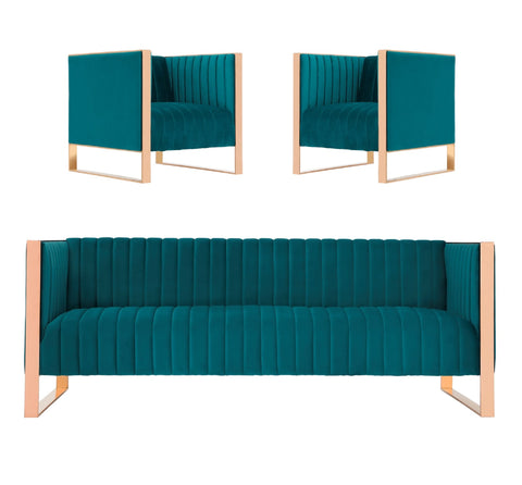 Manhattan Comfort Trillium Mid-Century Modern 3-Piece Sofa Set in Teal