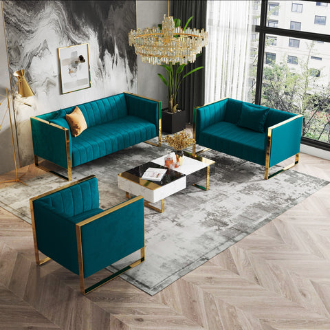 Manhattan Comfort Trillium Mid-Century Modern 3-Piece Sofa Set in Teal
