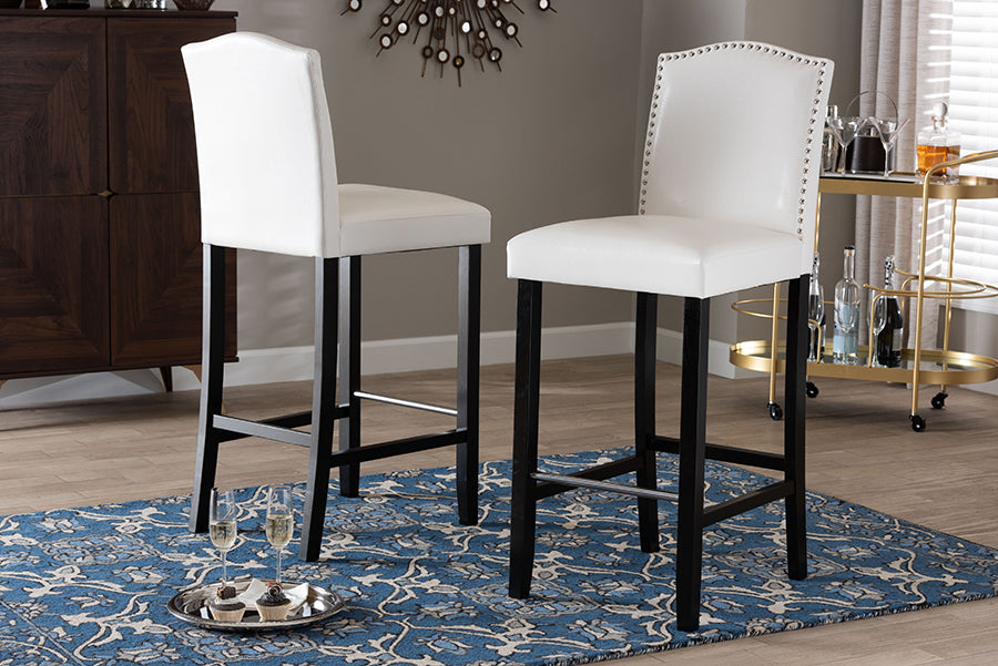 Baxton Studio Libra White Modern Bar Stool with Nail Head Trim (Set of 2)