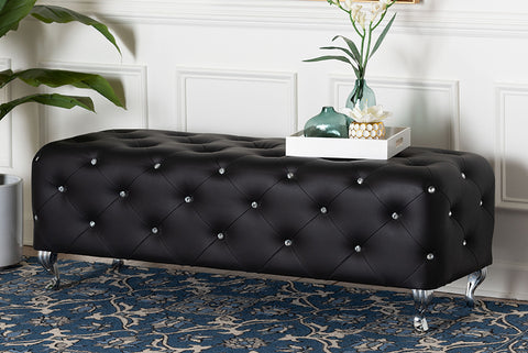 Baxton Studio Stella Crystal Tufted Black Leather Modern Bench