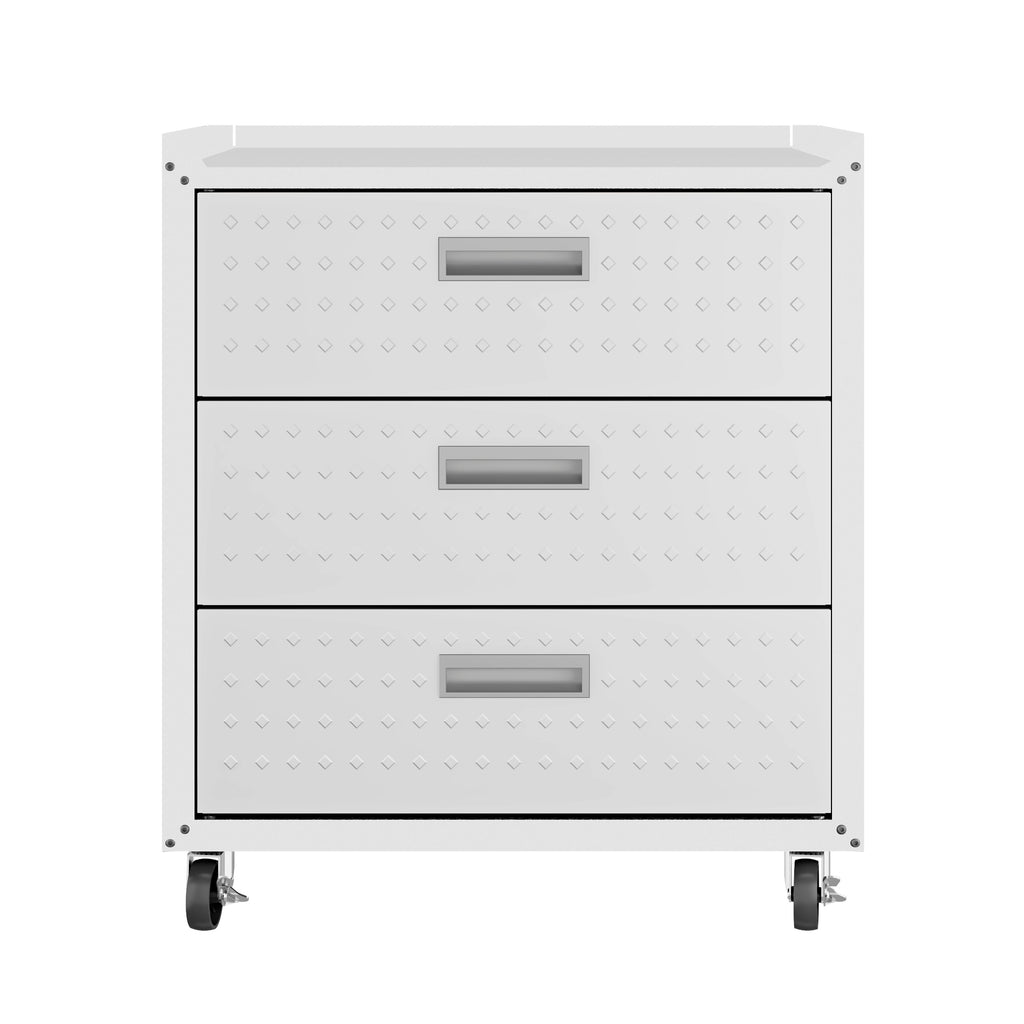 Manhattan Comfort Fortress Modern 30" Rolling Garage Cabinet in White (3-Drawer)