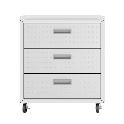 Manhattan Comfort Fortress Modern 30" Rolling Garage Cabinet in White (3-Drawer)