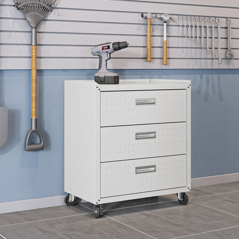 Manhattan Comfort Fortress Modern 30" Rolling Garage Cabinet in White (3-Drawer)
