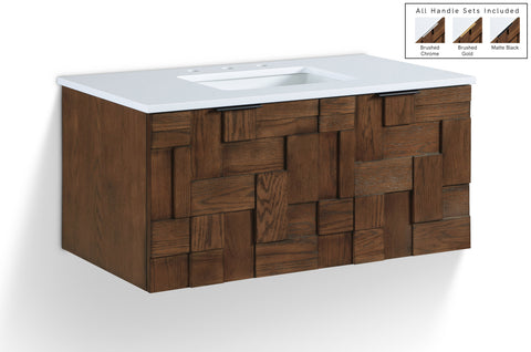 Meridian Furniture Leonardo 36" White Engineered Stone And Solid Wood Wall Mounted Bathroom Vanity