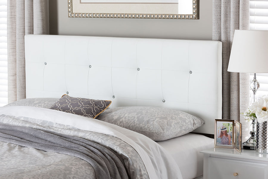 Baxton Studio Dalini Modern and Contemporary Queen White Faux Leather Headboard with Faux Crystal Buttons