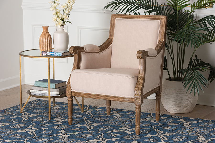 Baxton Studio Chavanon Wood & Light Beige Linen Traditional French Accent Chair