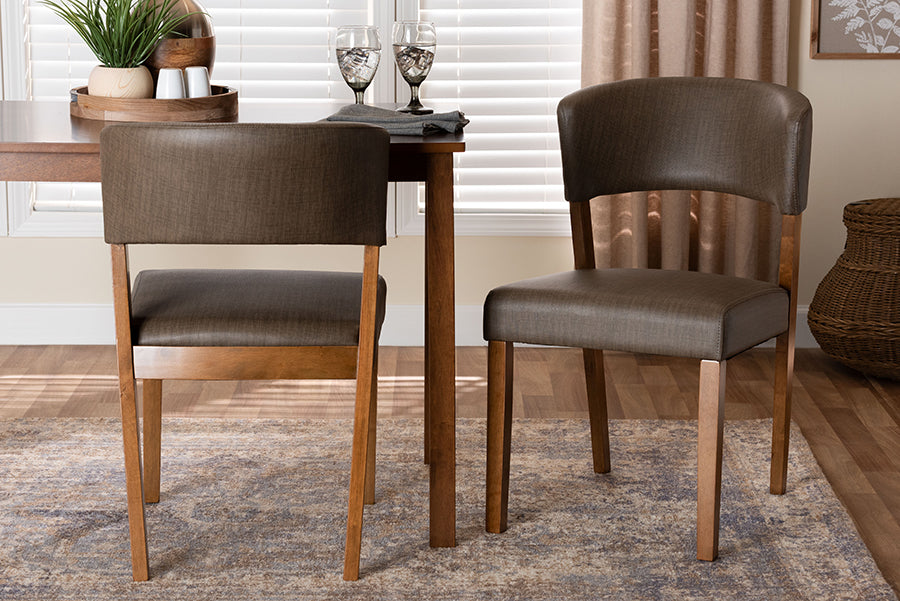 Baxton Studio Montreal Mid-Century Dark Walnut Wood Grey Faux Leather Dining Chairs (Set of 2)