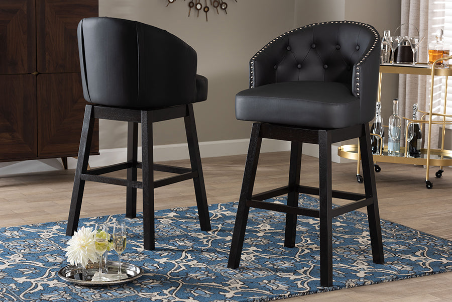 Baxton Studio Avril Modern and Contemporary Black Faux Leather Tufted Swivel Barstool with Nail heads Trim (Set of 2)