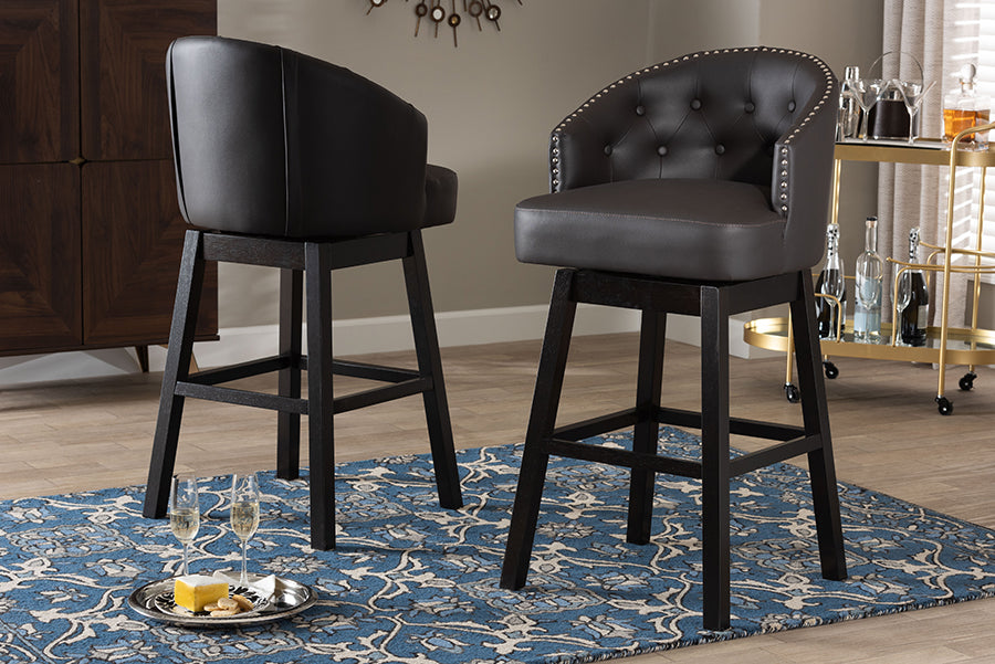 Baxton Studio Avril Modern and Contemporary Brown Faux Leather Tufted Swivel Barstool with Nail heads Trim (Set of 2)