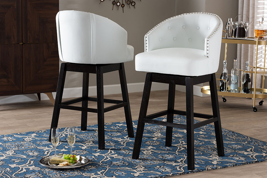 Baxton Studio Avril Modern and Contemporary White Faux Leather Tufted 2-Piece Swivel Barstool Set with Nail heads Trim