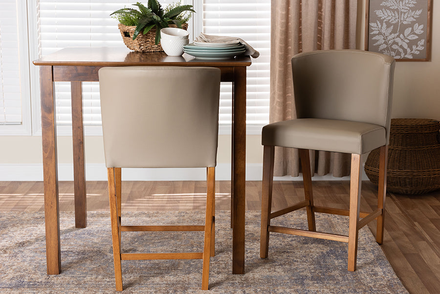Baxton Studio Olivia Mid-century Modern Scandinavian Style Dark Walnut Wood Grey Faux Leather Pub Stool (Set of 2)