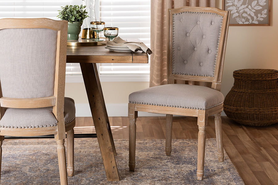 Baxton Studio Estelle Chic Rustic French Country Cottage Weathered Oak Beige Fabric Button-tufted Upholstered Dining Chair
