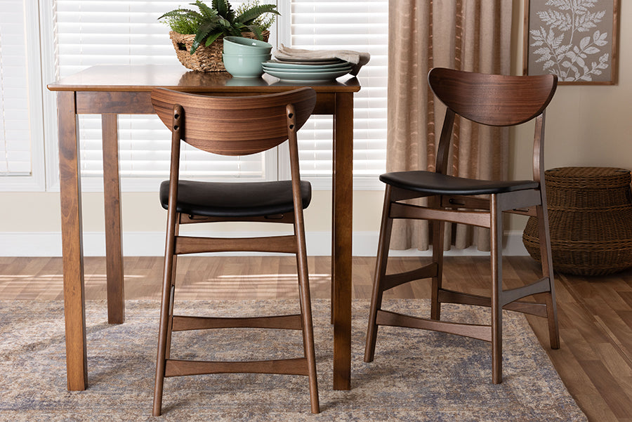 Baxton Studio Latina Mid-century Retro Modern Scandinavian Style Black Faux Leather Upholstered Walnut Wood Finishing 24-Inches Counter Stool (Set of 2)