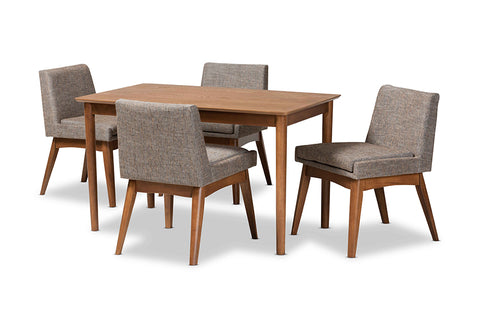 Baxton Studio Nexus Mid-Century Modern Gravel Fabric Upholstered and Walnut Brown Finished Wood 5-Piece Dining Set