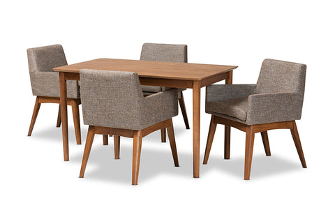 Baxton Studio Dorina Mid-Century Modern Gravel Fabric Upholstered and Walnut Brown Finished Wood 5-Piece Dining Set