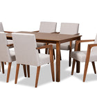 Baxton Studio Glenda Mid-Century Modern Greyish Beige Fabric Upholstered and Walnut Brown Finished Wood 7-Piece Dining Set