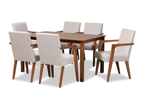 Baxton Studio Glenda Mid-Century Modern Greyish Beige Fabric Upholstered and Walnut Brown Finished Wood 7-Piece Dining Set